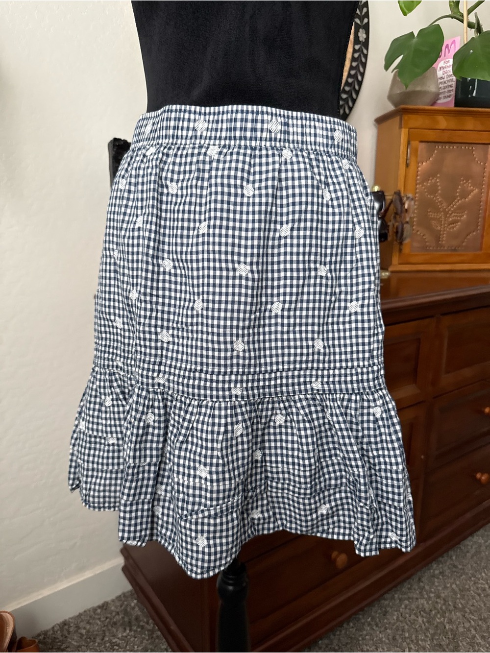 Madewell Navy and White Gingham Ruffle Skirt